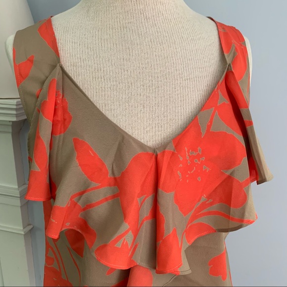LOFT coral & tan ruffle front top / camisole, v-neck front and ribbon tie back - Picture 2 of 6